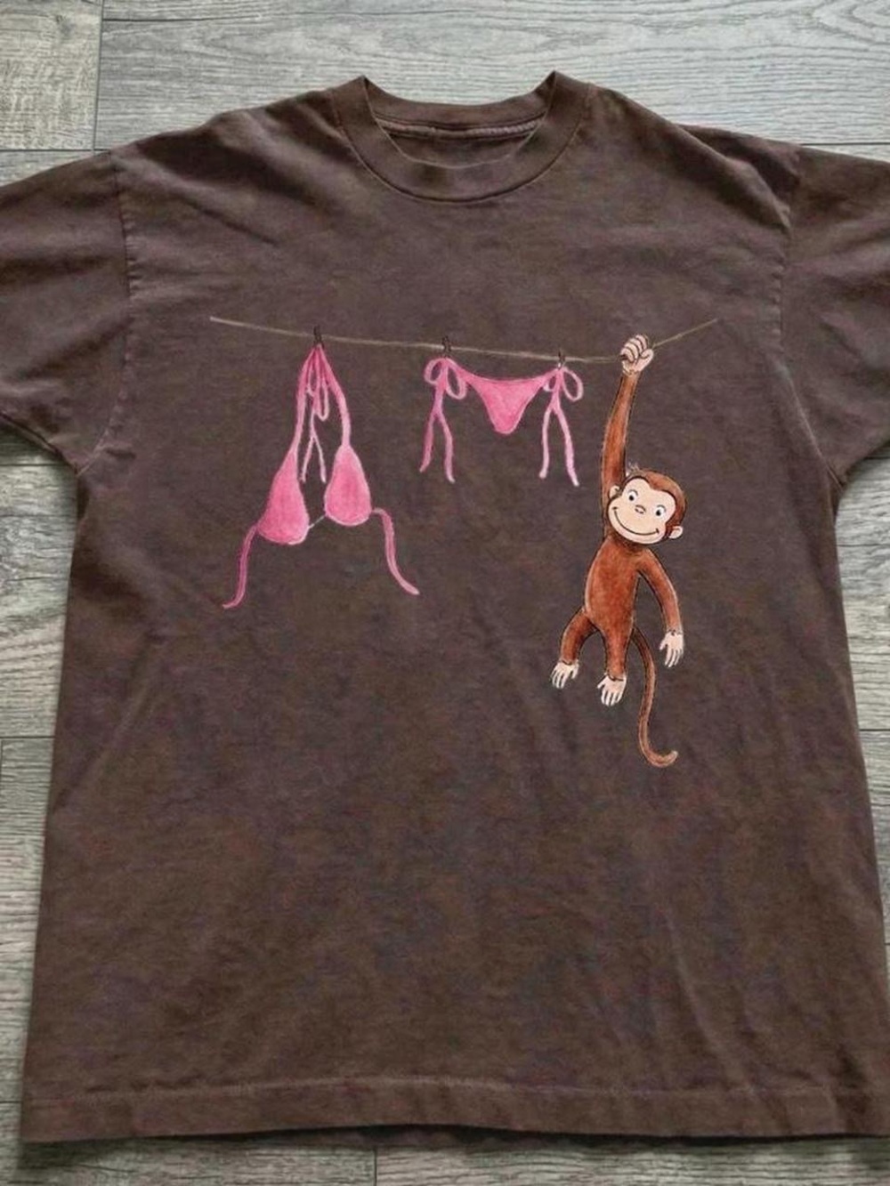 Gildan Brown Tee with Pink Laundry Monkey Graphic